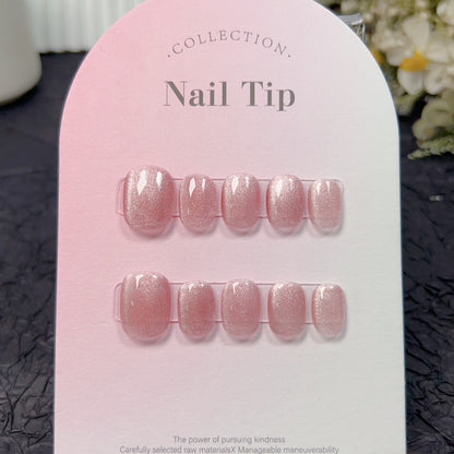 Purely handmade removable nude pink crystal cat's eye press on nails