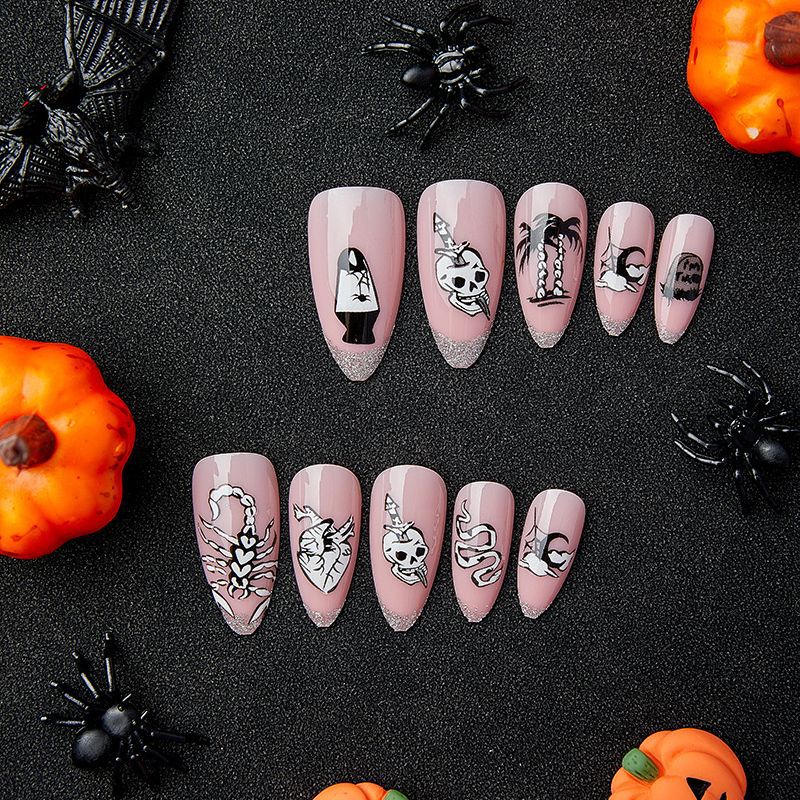 Free Shipping Dark Pink skull french glitter press on nail