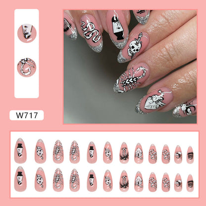 Free Shipping Dark Pink skull french glitter press on nail