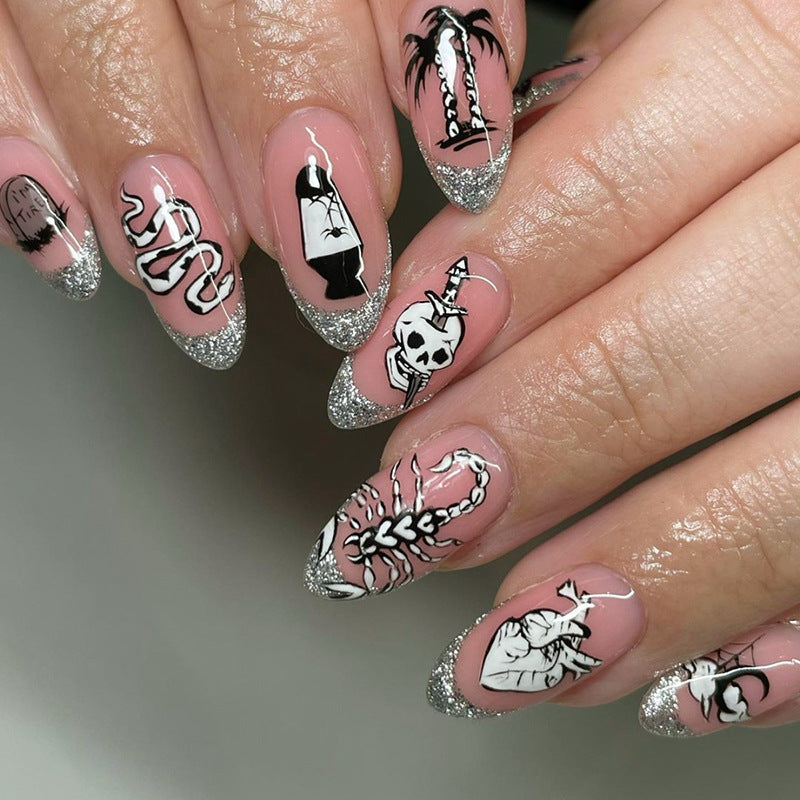 Free Shipping Dark Pink skull french glitter press on nail