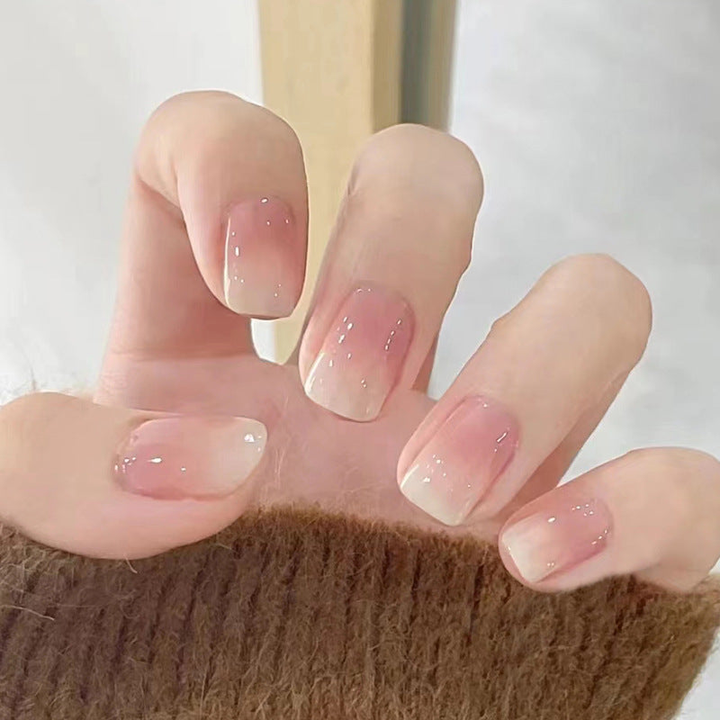 Natural nude sqaure short type gradient pink press on nail