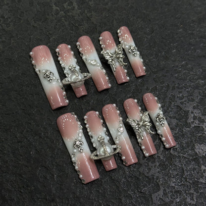 Pure handmade pink white color 3d silver decora nail art