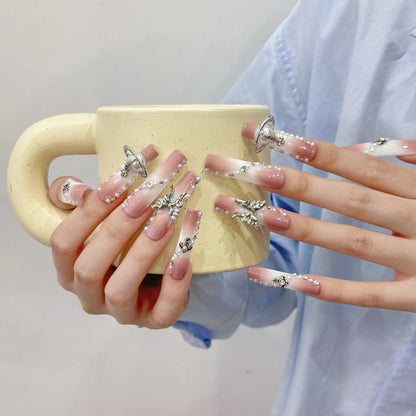 Pure handmade pink white color 3d silver decora nail art