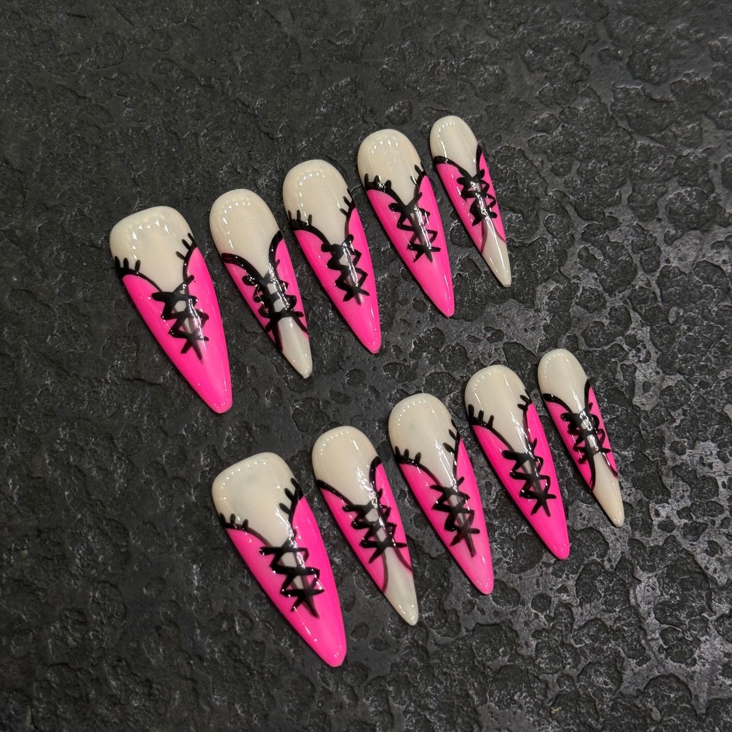 Pink white color nail art handmade cute press on nails