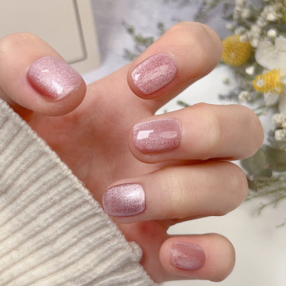 Purely handmade removable nude pink crystal cat's eye press on nails