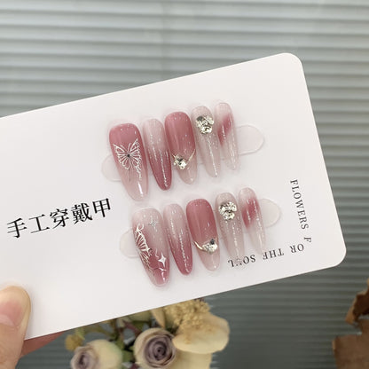 Purely handmade gradient high-grade butterfly wine-stained plum color fake nails