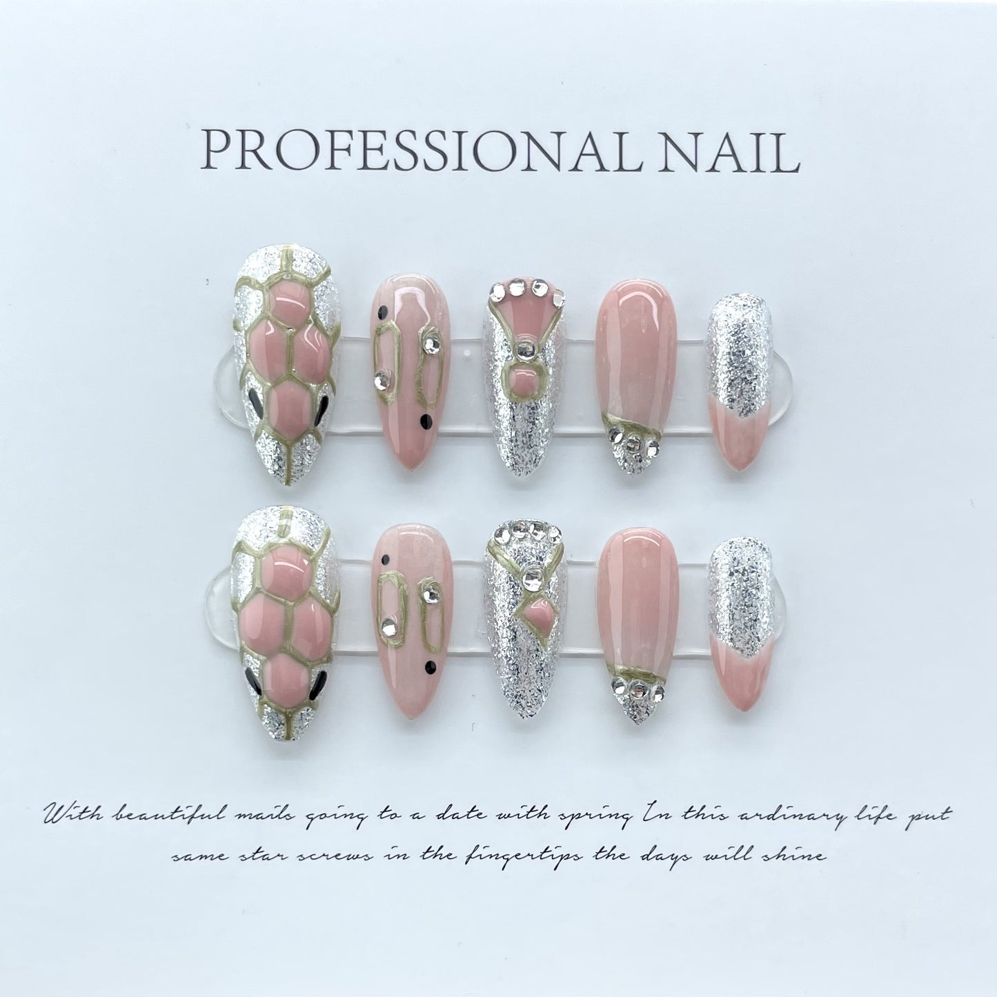 Pink-silver snake checkered nail art advanced press on cute nails