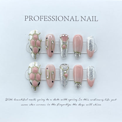 Pink-silver snake checkered nail art advanced press on cute nails