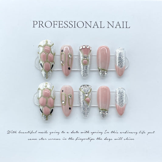 Pink-silver snake checkered nail art advanced press on cute nails