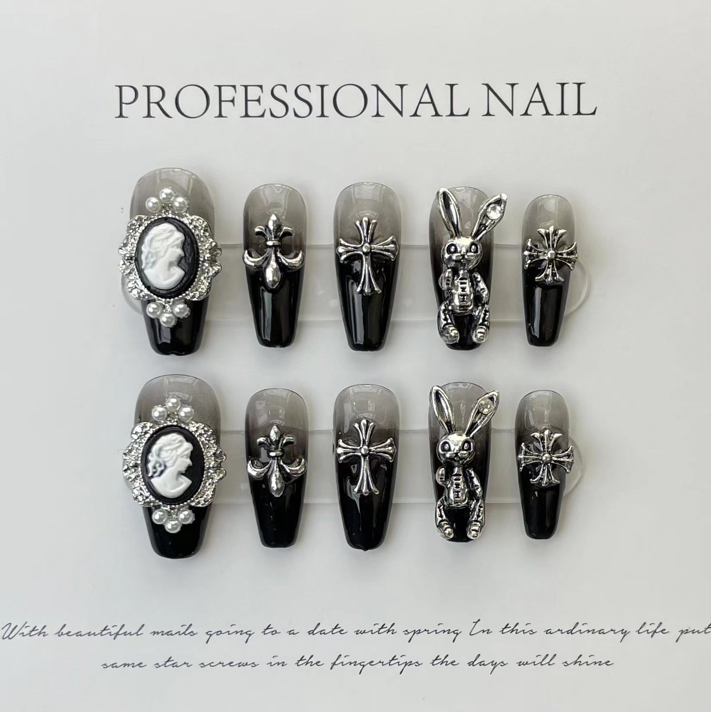 Hepburn style black cool magic French nail Press on easy-to-apply nails