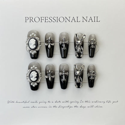 Hepburn style black cool magic French nail Press on easy-to-apply nails