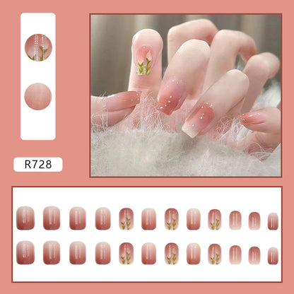 short design gradient cheek color press on nail with tulip pattern