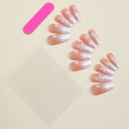 Pink white gradient color snowflake pattern nail wear medium long press on nail