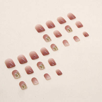 short design gradient cheek color press on nail with tulip pattern