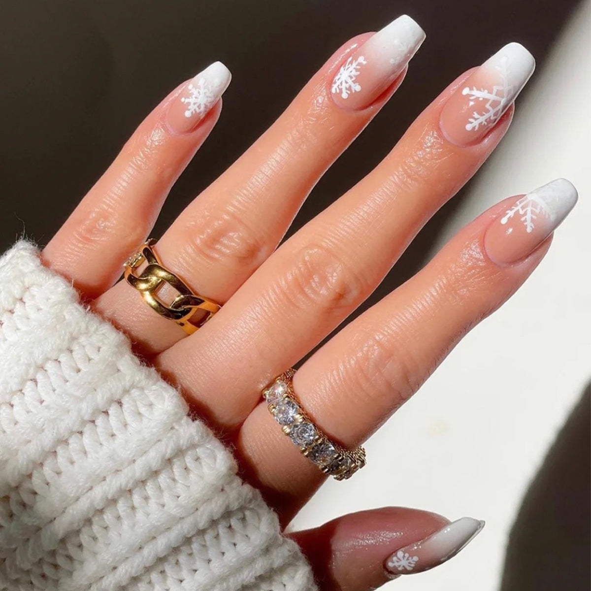 Pink white gradient color snowflake pattern nail wear medium long press on nail