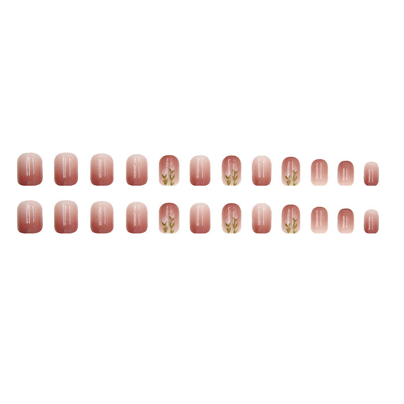 short design gradient cheek color press on nail with tulip pattern