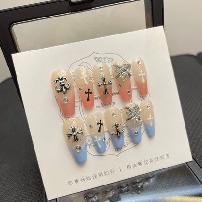 Pink-blue color cross manicure false nail press on summer nails