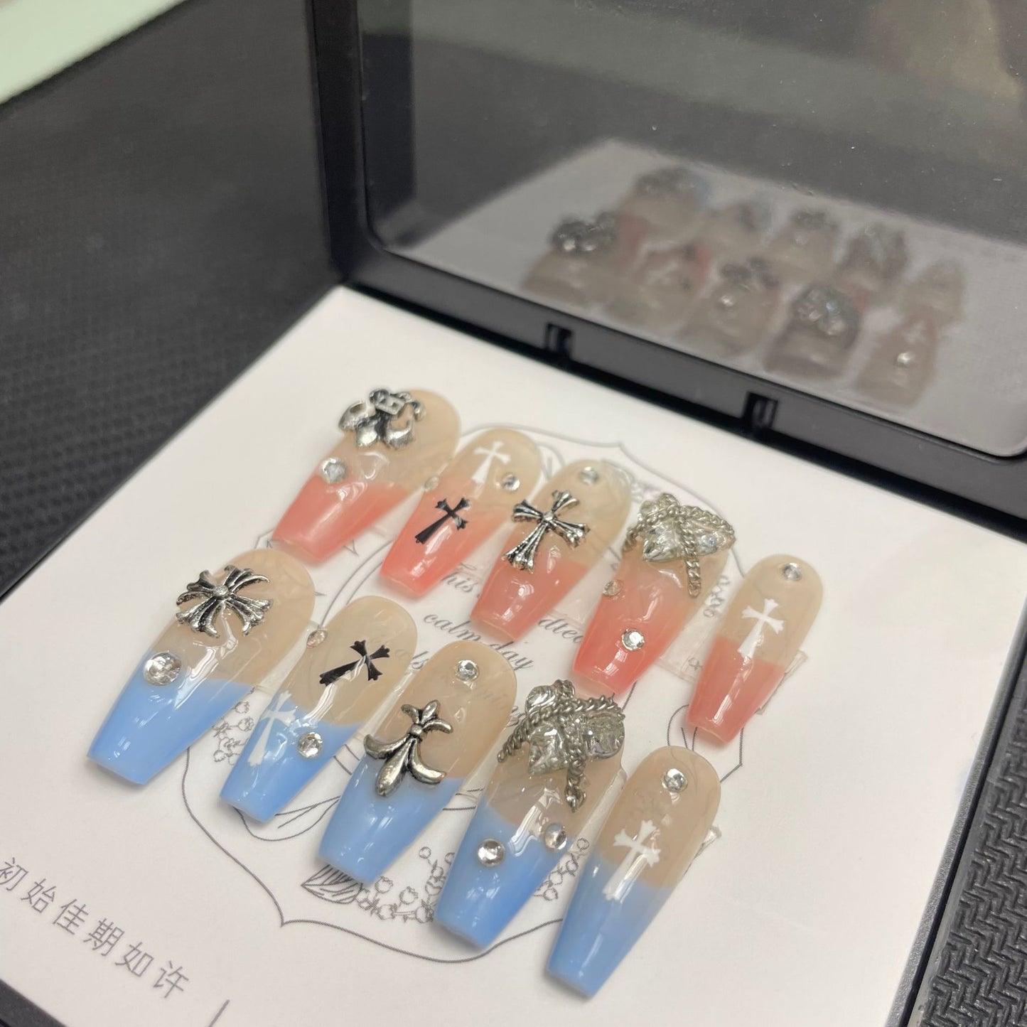 Pink-blue color cross manicure false nail press on summer nails