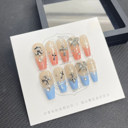 Pink-blue color cross manicure false nail press on summer nails