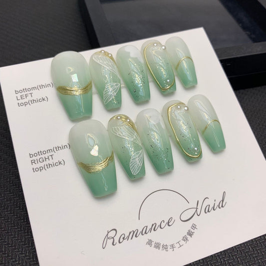 Green gradient nail art press on wedding nails for women