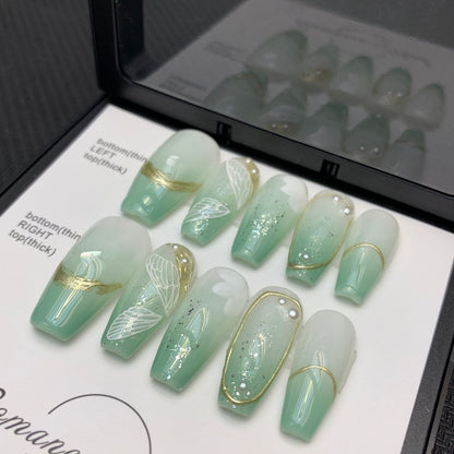 Green gradient nail art press on wedding nails for women