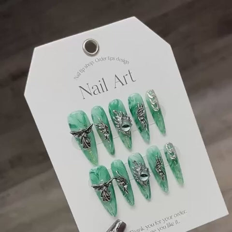 Wings Angel Eyes Long Green Nail Art Gel Nails