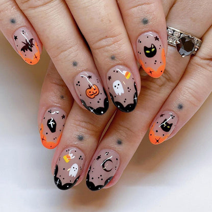 Orange black double color edge cute pumpkin short oval press on nail