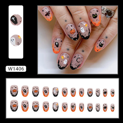 Orange black double color edge cute pumpkin short oval press on nail