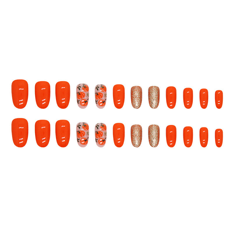 Crystal pumpkin glitter powder oval gold bling orange press on nail