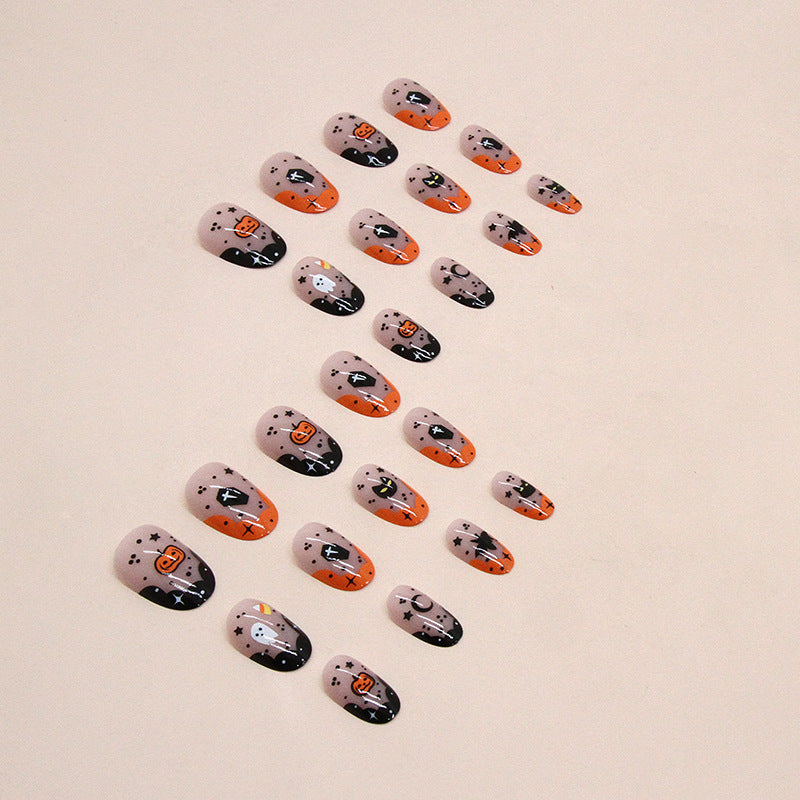 Orange black double color edge cute pumpkin short oval press on nail