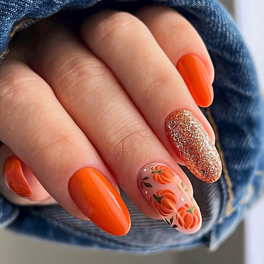 Crystal pumpkin glitter powder oval gold bling orange press on nail