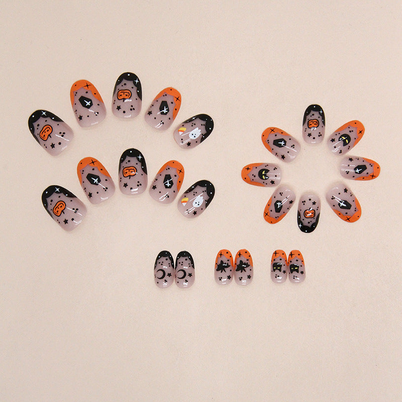 Orange black double color edge cute pumpkin short oval press on nail