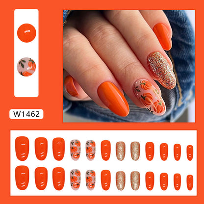 Crystal pumpkin glitter powder oval gold bling orange press on nail