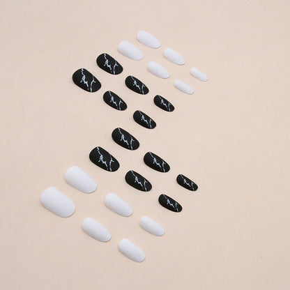 Frosted surface marble pattern white black pure color oval press on nail