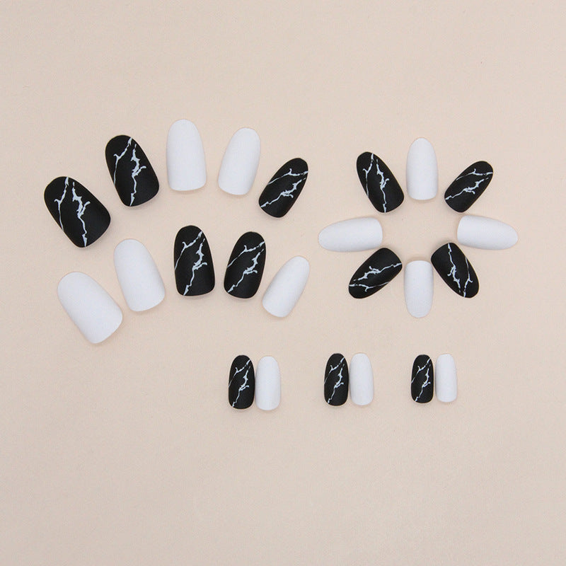 Frosted surface marble pattern white black pure color oval press on nail