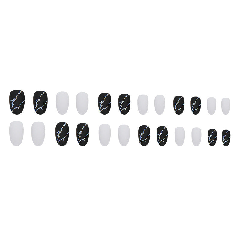 Frosted surface marble pattern white black pure color oval press on nail