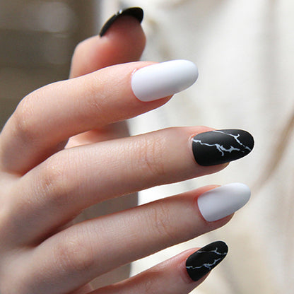 Frosted surface marble pattern white black pure color oval press on nail