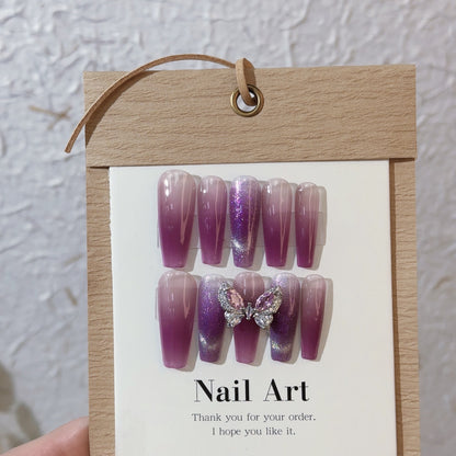 New purple 3D butterfly handmade sweet cool nail art fake nails