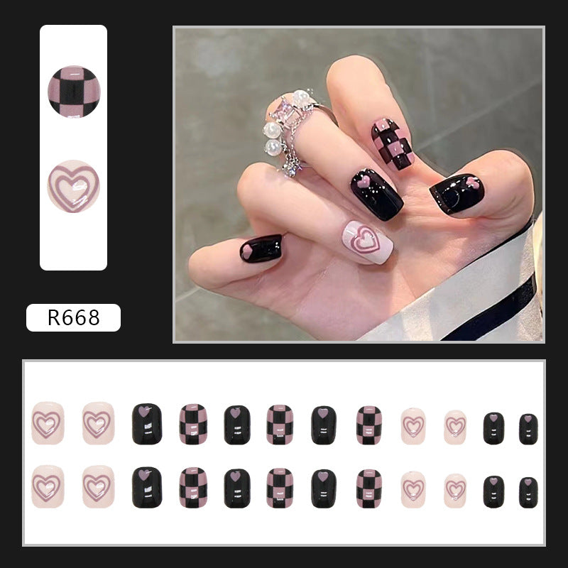 Cool girl checkerboard pattern black purple press on nail