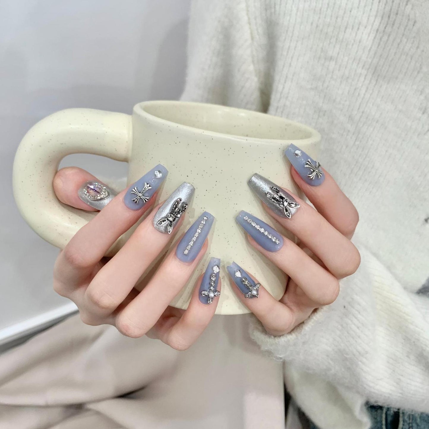 Silver Bule Color 3d Rabbit Removable Nail Plate Press On Nails