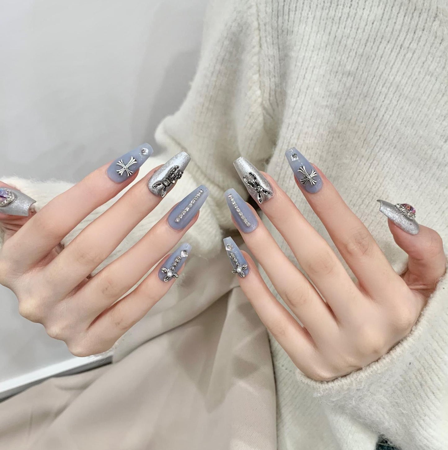 Silver Bule Color 3d Rabbit Removable Nail Plate Press On Nails