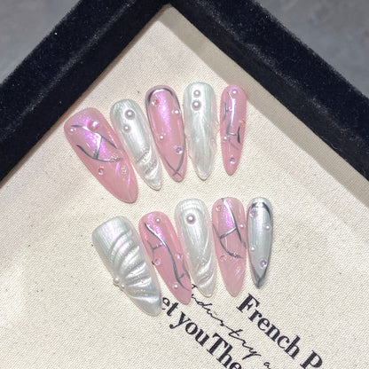 Pink-Silver niche high-end contrasting handmade nail Realistic fake nails