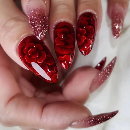 New design red rose flore gel sticker nail almond glitter powder false nail