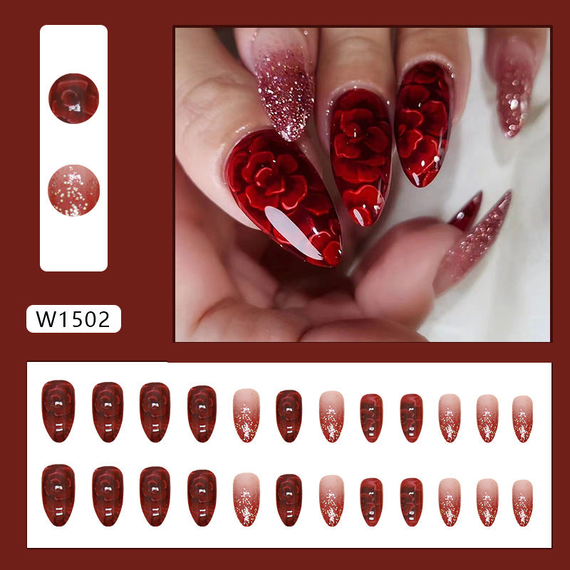 New design red rose flore gel sticker nail almond glitter powder false nail