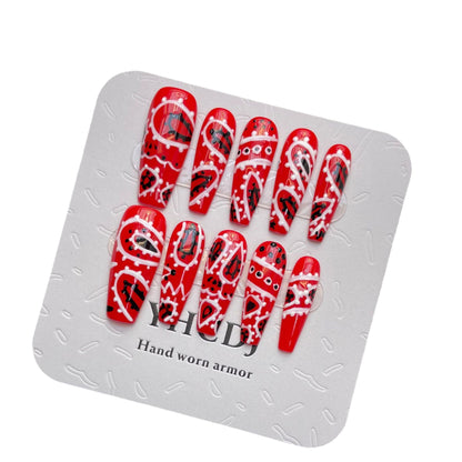 Red hand-painted nail art removable graffiti fake nails