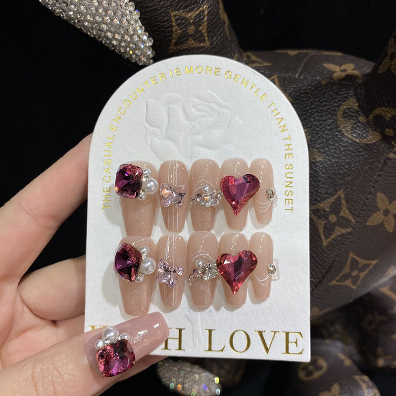 Hot selling handmade nail pearl heart big diamond press on nail