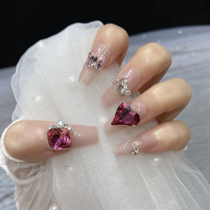 Hot selling handmade nail pearl heart big diamond press on nail