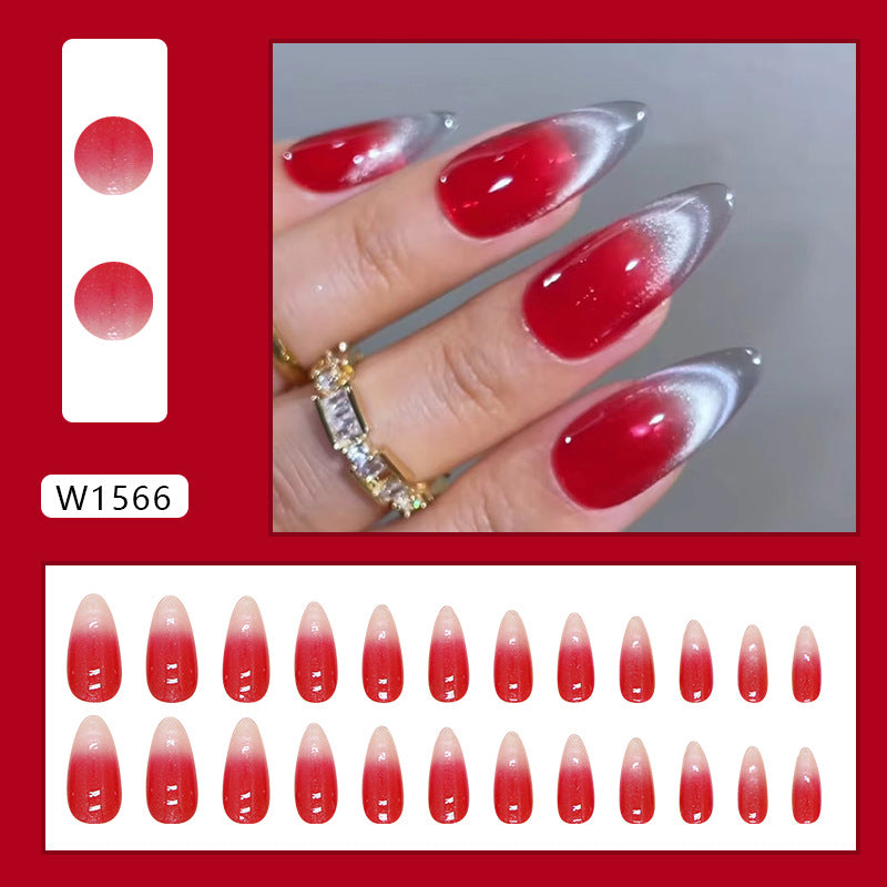 Almond cat eye 24pcs red gradient press on nail