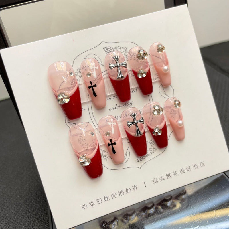 Red-Pink Color Cross Bridal High-end Manicure Press on gel nails