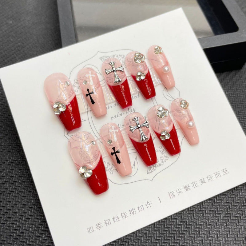 Red-Pink Color Cross Bridal High-end Manicure Press on gel nails